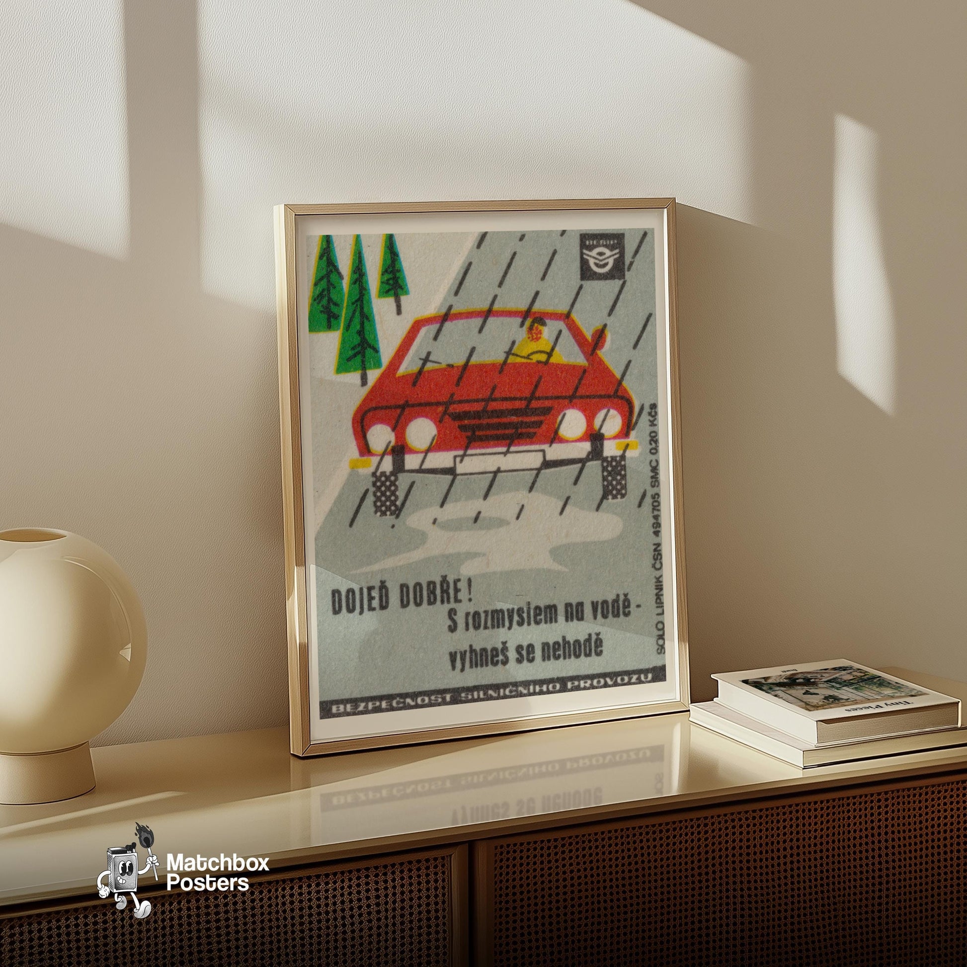 Red Car in Rain - vintage matchbox label print - size comparison