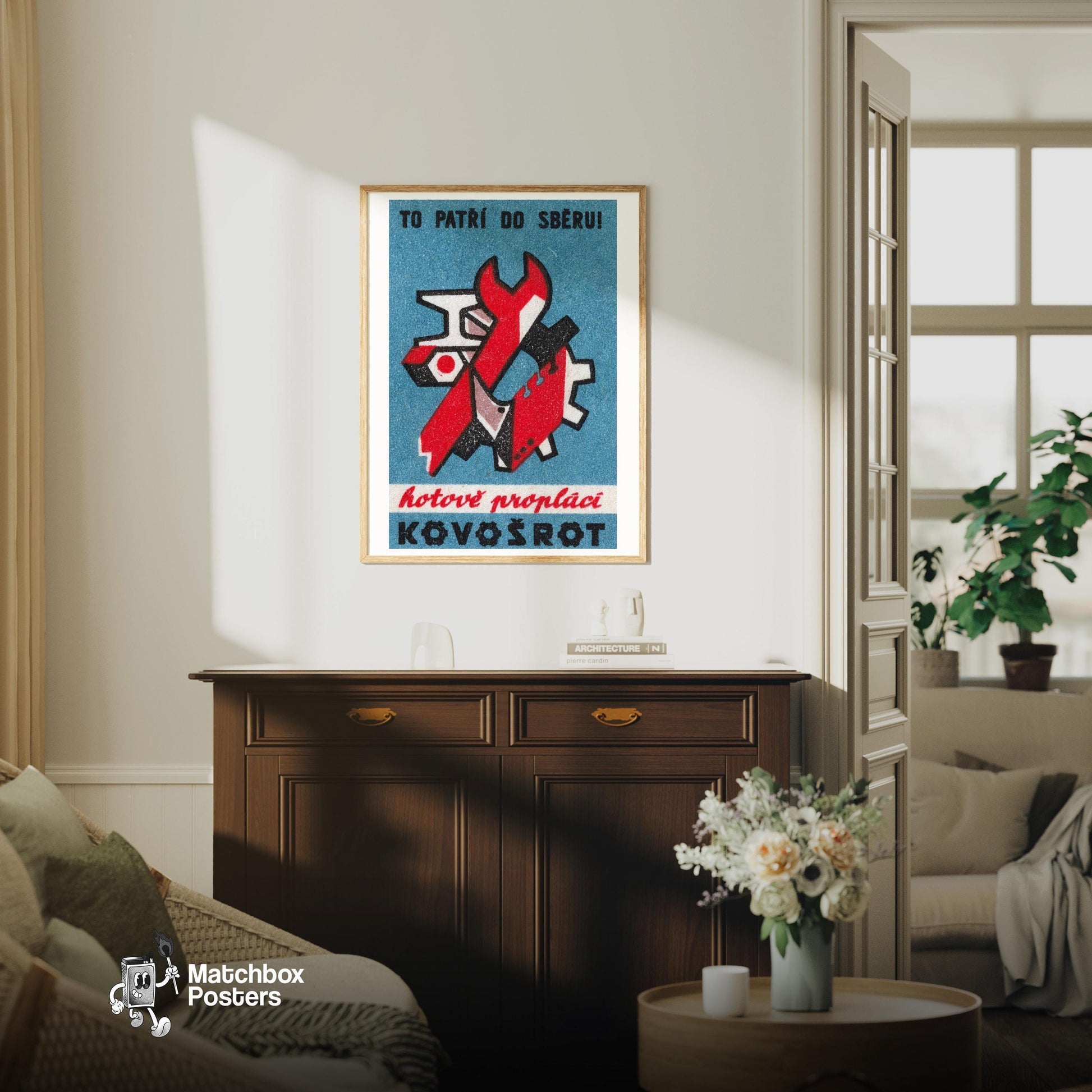 Collect Scrap Iron - vintage matchbox label print - living room mockup