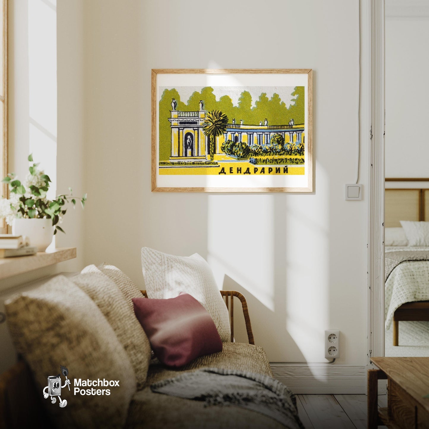 Classical Building - vintage matchbox label print - living room mockup