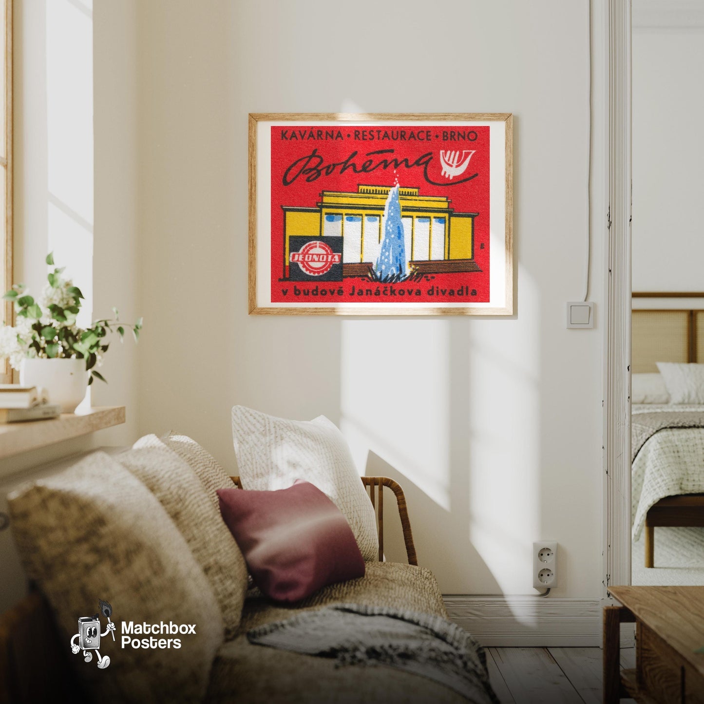 Bohemian Restaurant - vintage matchbox label print - living room mockup