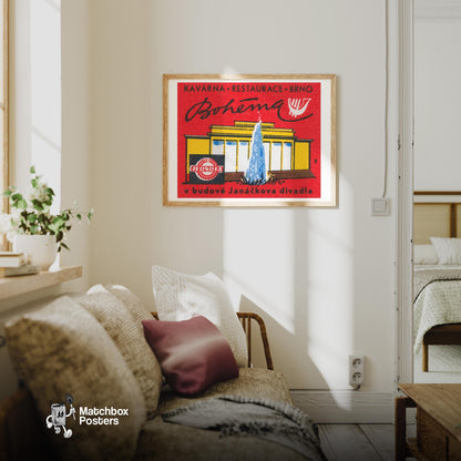 Bohemian Restaurant - vintage matchbox label print - living room mockup