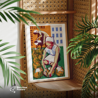 Woman Harvesting Vegetables - vintage matchbox label print - office wall