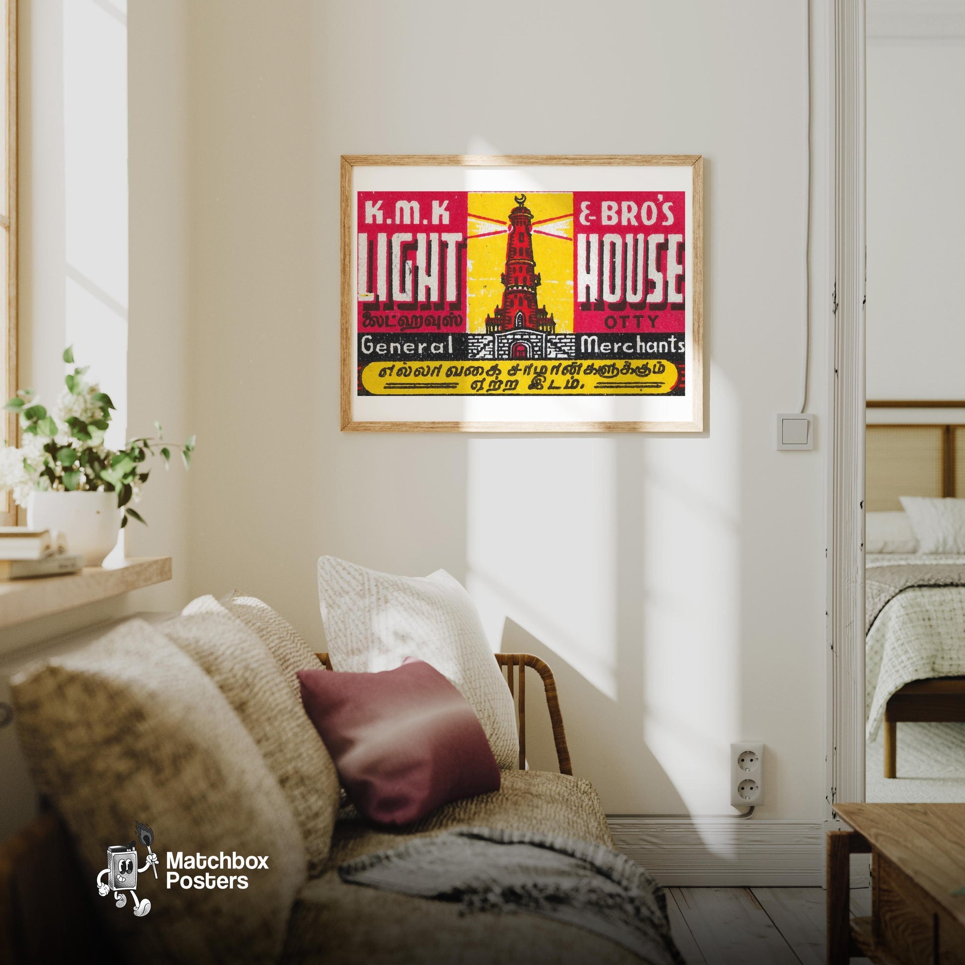Red Lighthouse - vintage matchbox label print - living room mockup