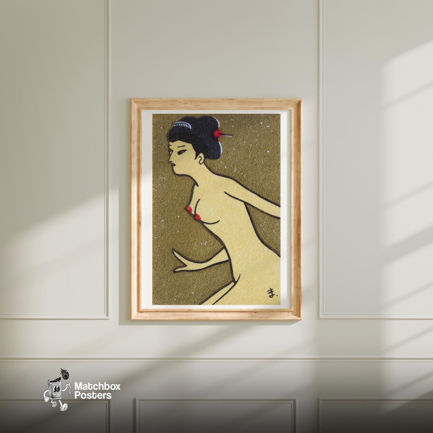 Japanese Woman - vintage matchbox label print - bedroom mockup