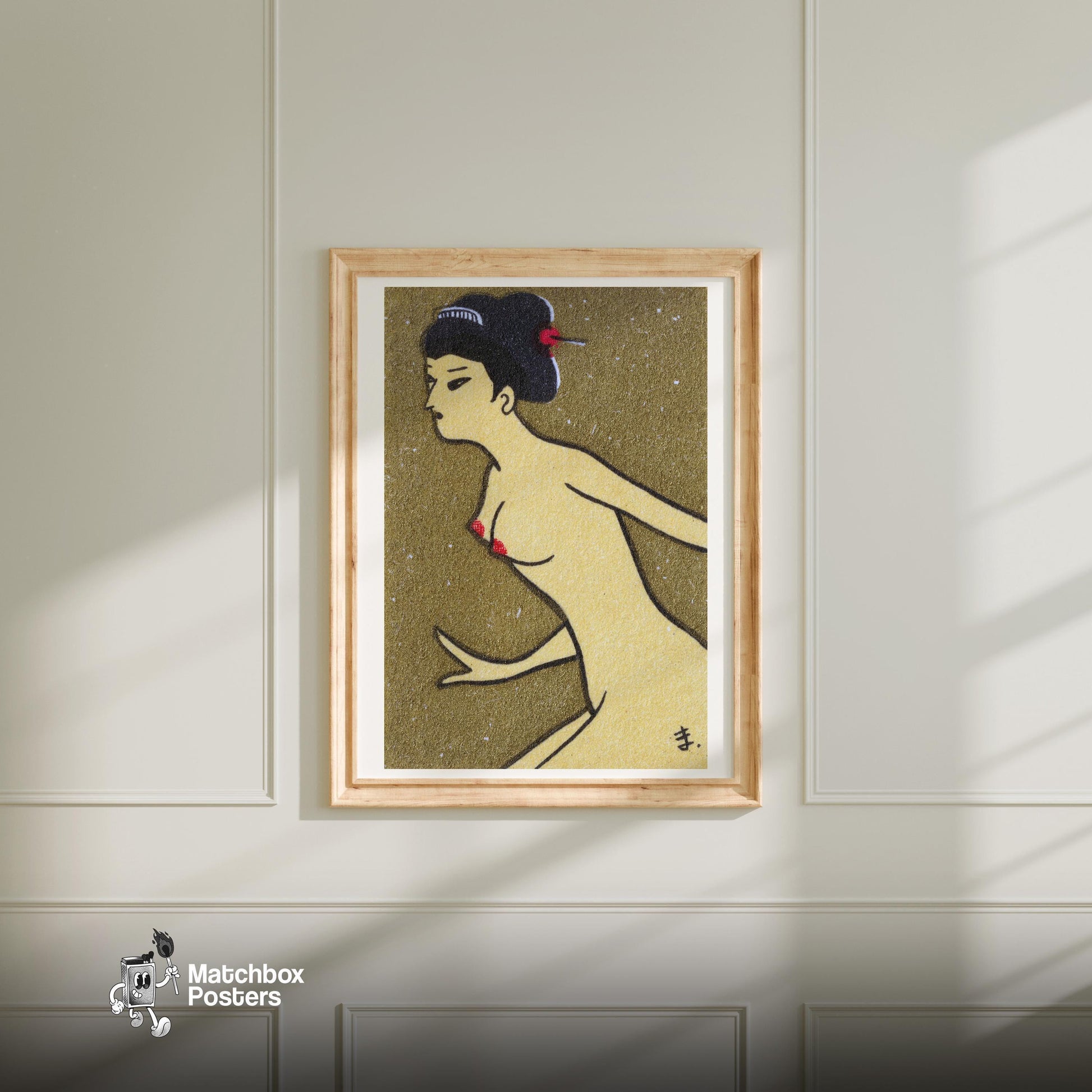Japanese Woman - vintage matchbox label print - bedroom mockup