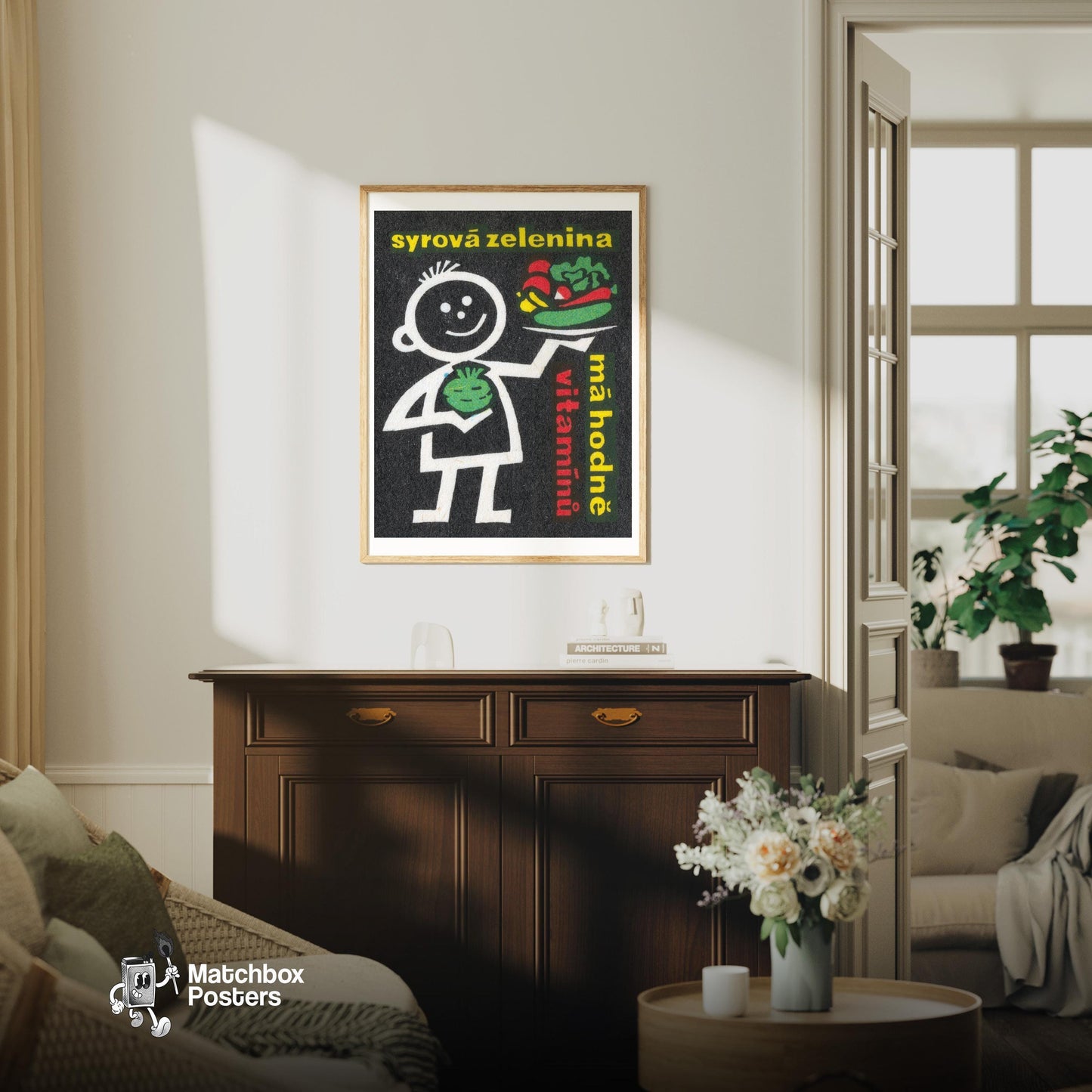 Cartoon Figure with Vegetables - vintage matchbox label print - living room mockup