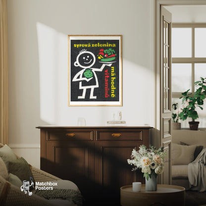 Cartoon Figure with Vegetables - vintage matchbox label print - living room mockup