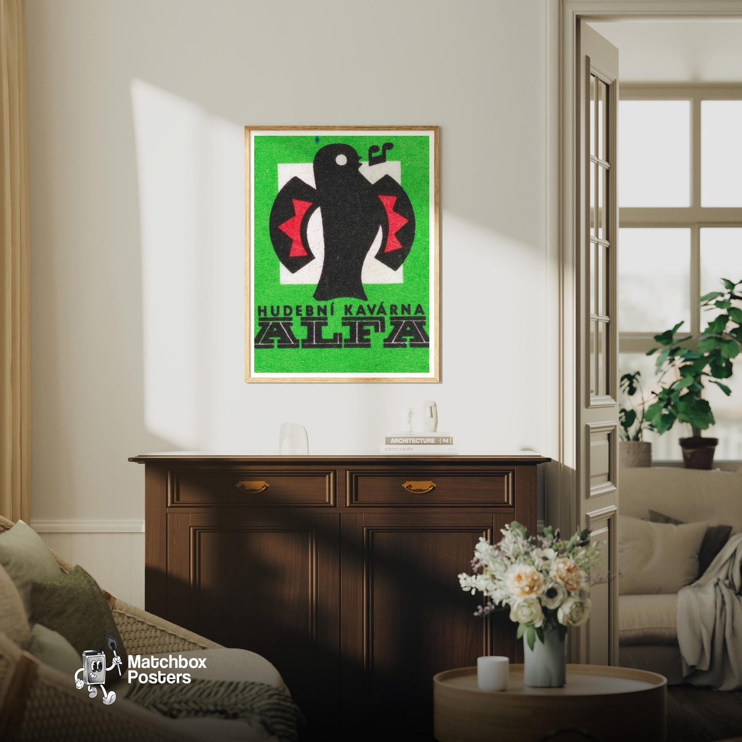 Stylized Bird - vintage matchbox label print - living room mockup
