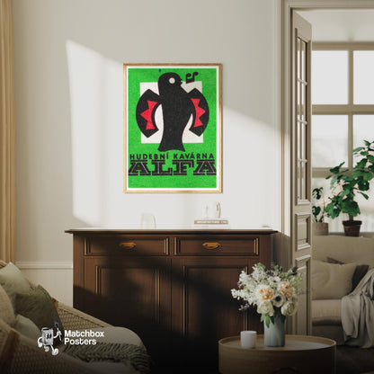 Stylized Bird - vintage matchbox label print - living room mockup