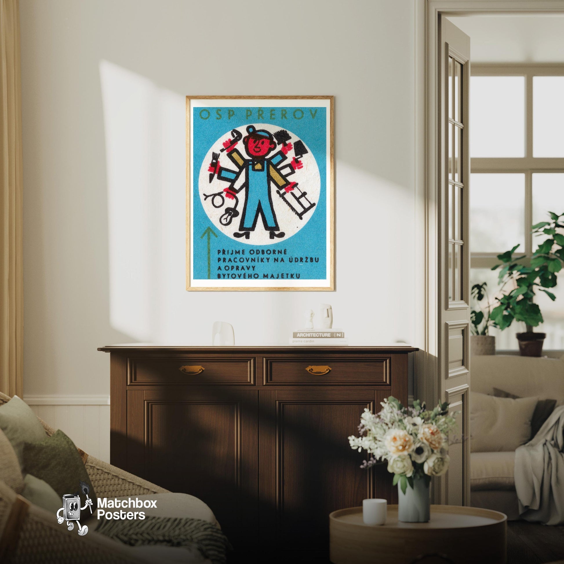 Handyman - vintage matchbox label print - living room mockup