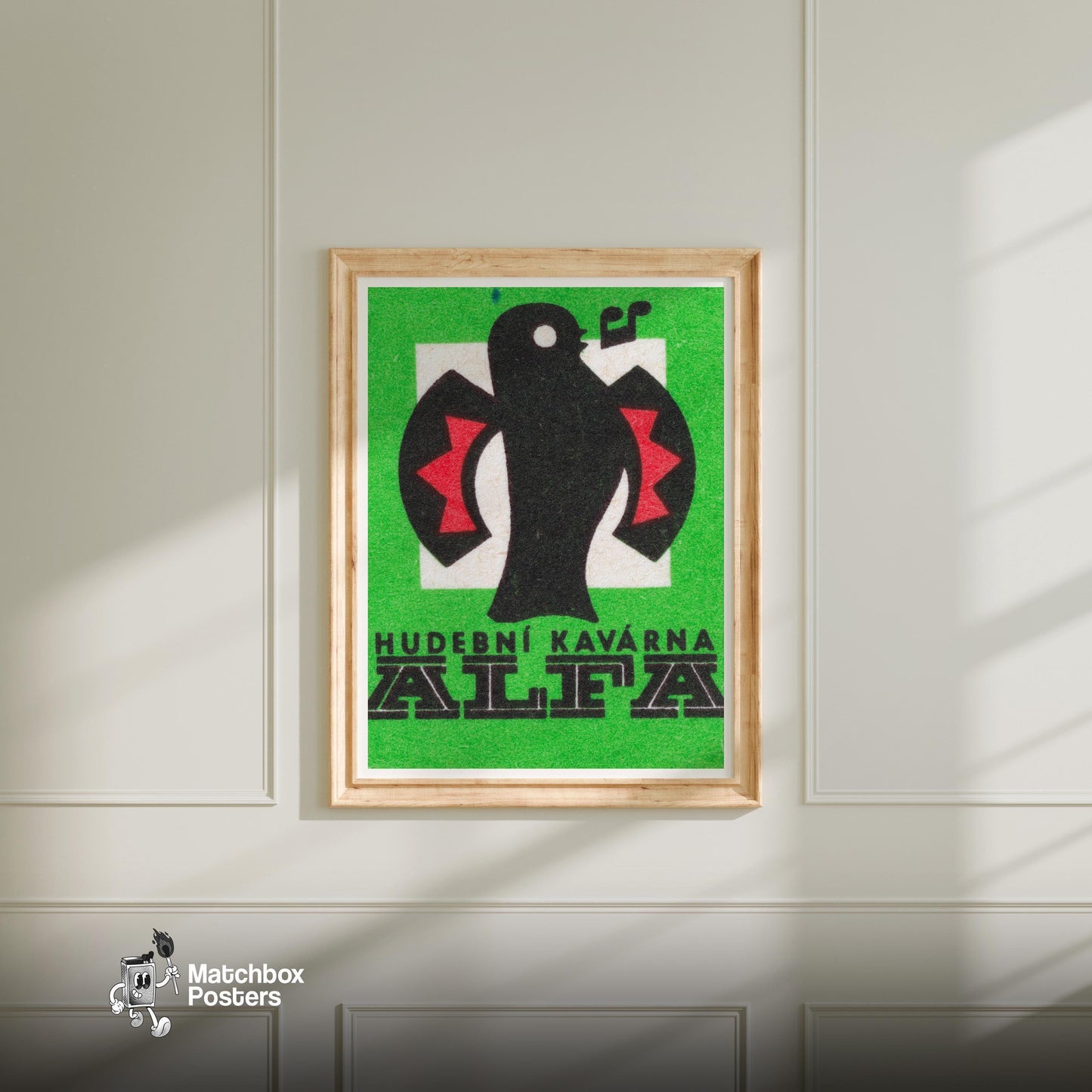 Stylized Bird - vintage matchbox label print - bedroom mockup