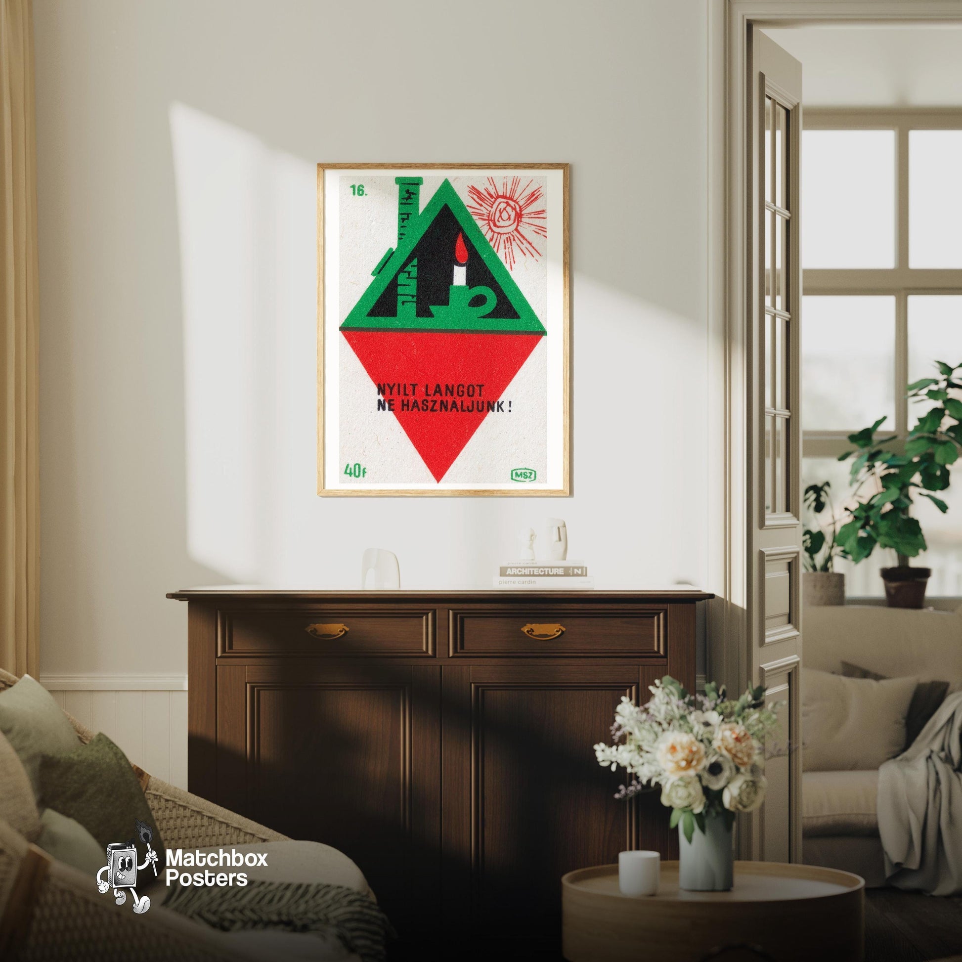 Lit Candle in Attic - vintage matchbox label print - living room mockup