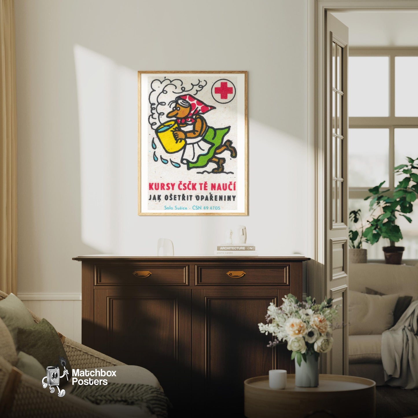 First Aid Training - vintage matchbox label print - living room mockup