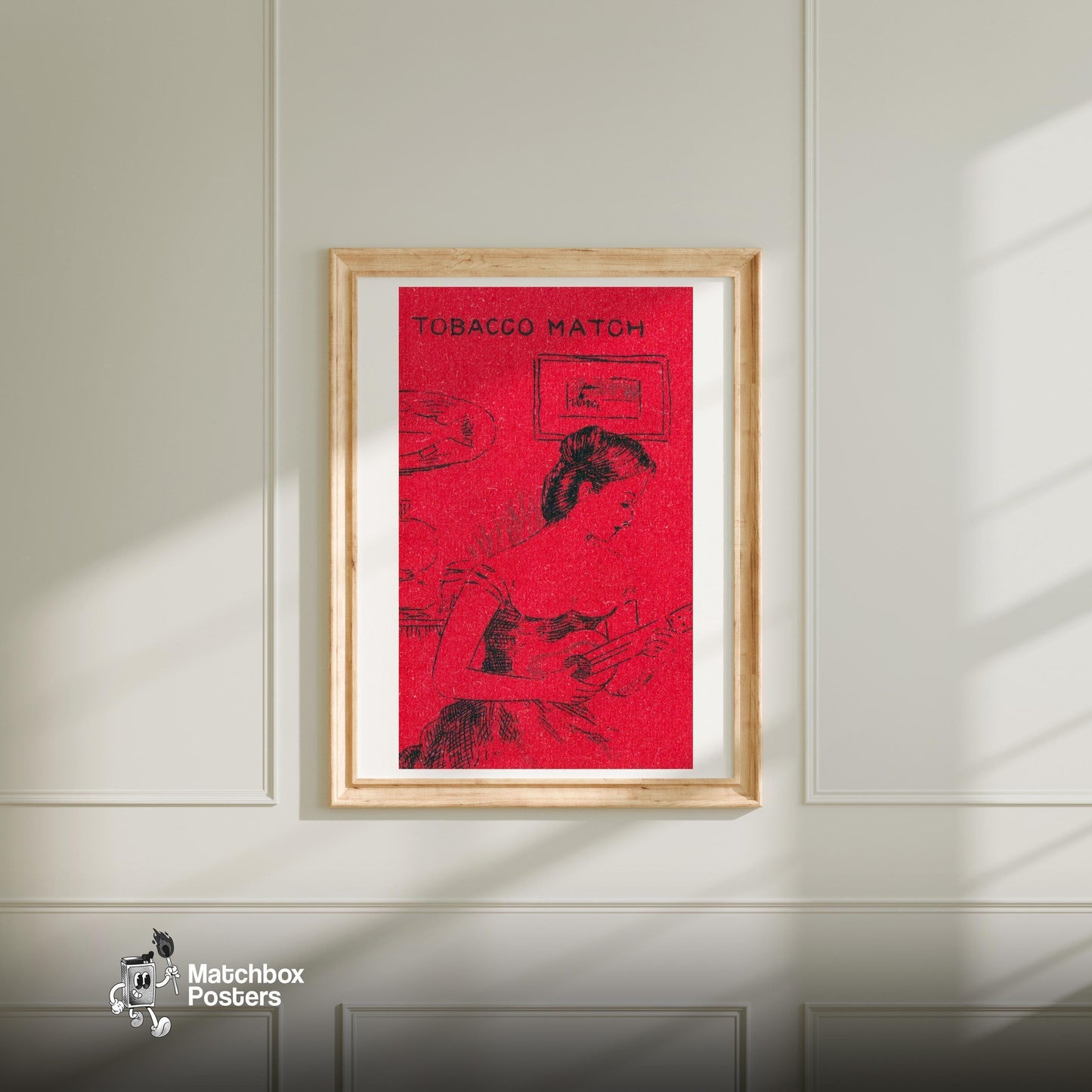 Woman Playing Guitar - vintage matchbox label print - bedroom mockup
