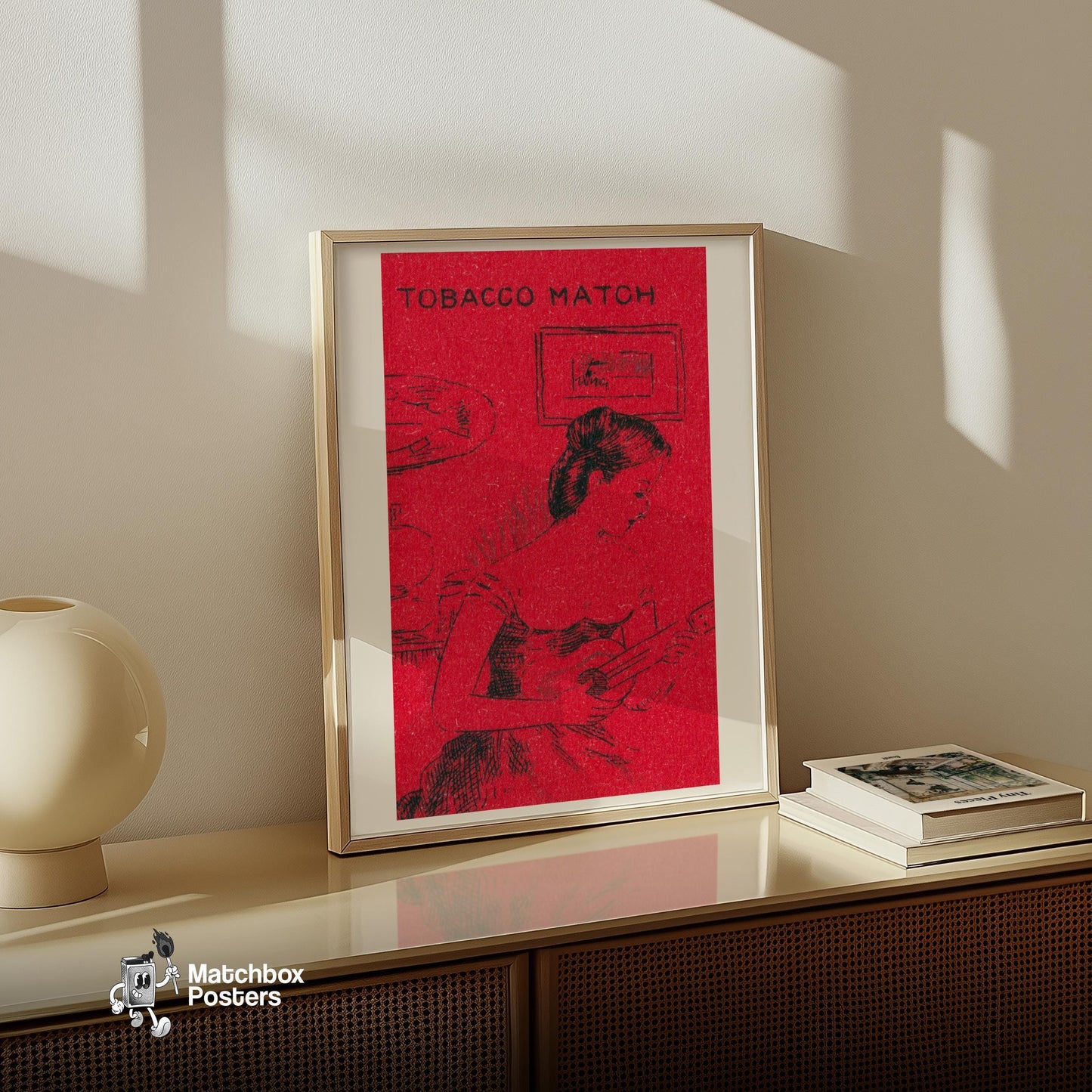 Woman Playing Guitar - vintage matchbox label print - size comparison