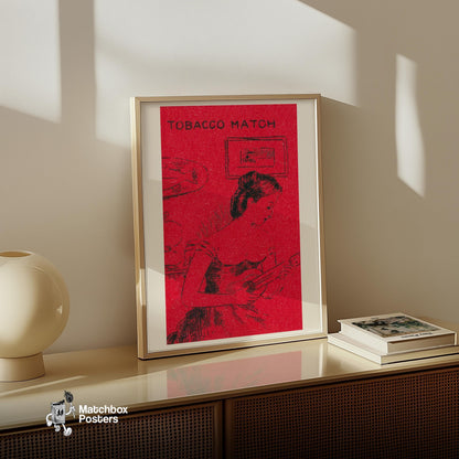 Woman Playing Guitar - vintage matchbox label print - size comparison