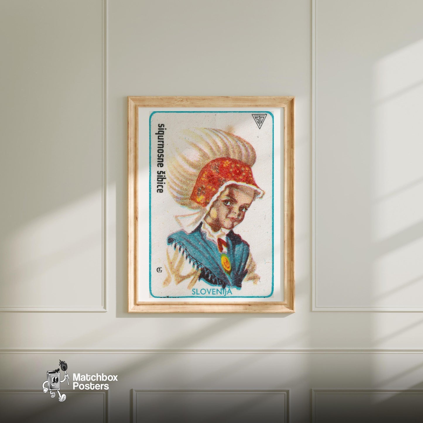 Slovenian Girl - vintage matchbox label print - bedroom mockup