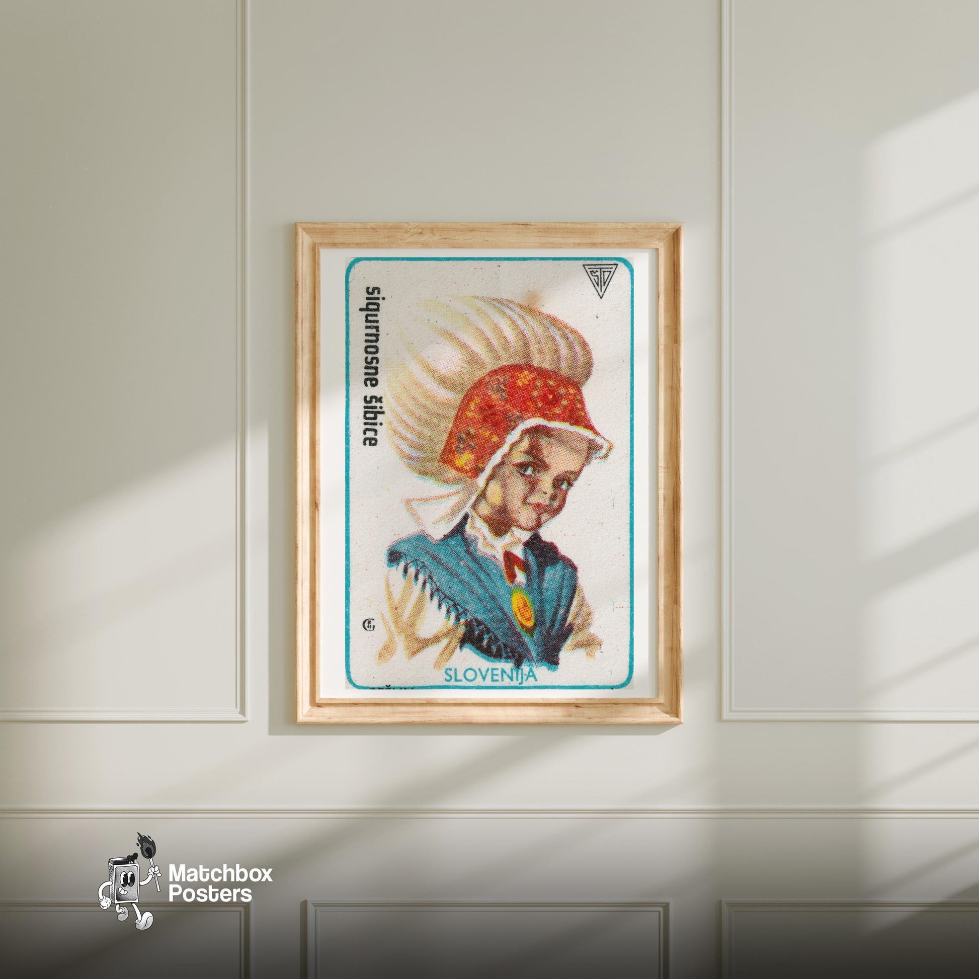 Slovenian Girl - vintage matchbox label print - bedroom mockup