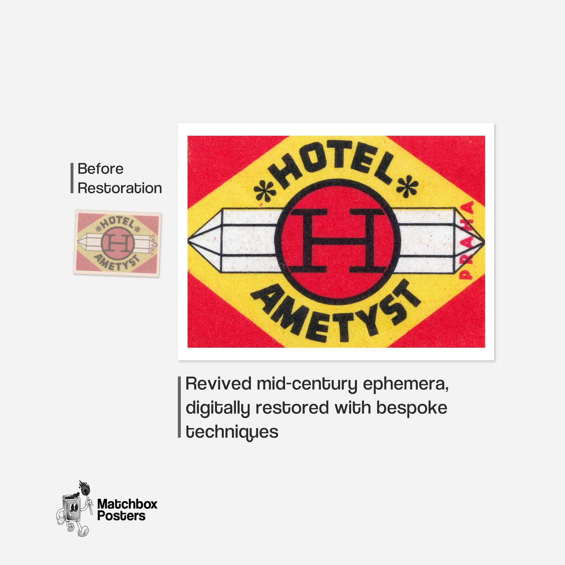 Amethyst Hotel - vintage matchbox label print - framed wall art preview