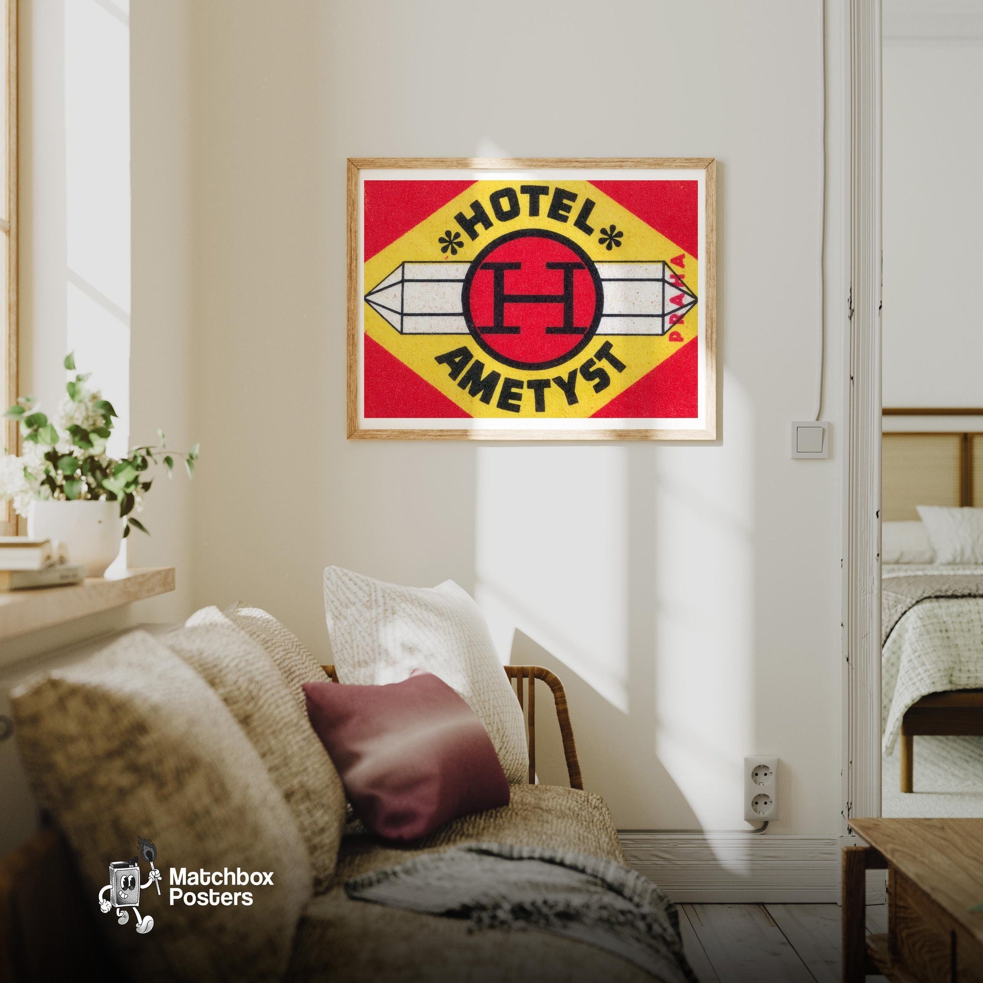 Amethyst Hotel - vintage matchbox label print - living room mockup