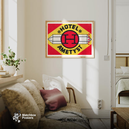 Amethyst Hotel - vintage matchbox label print - living room mockup