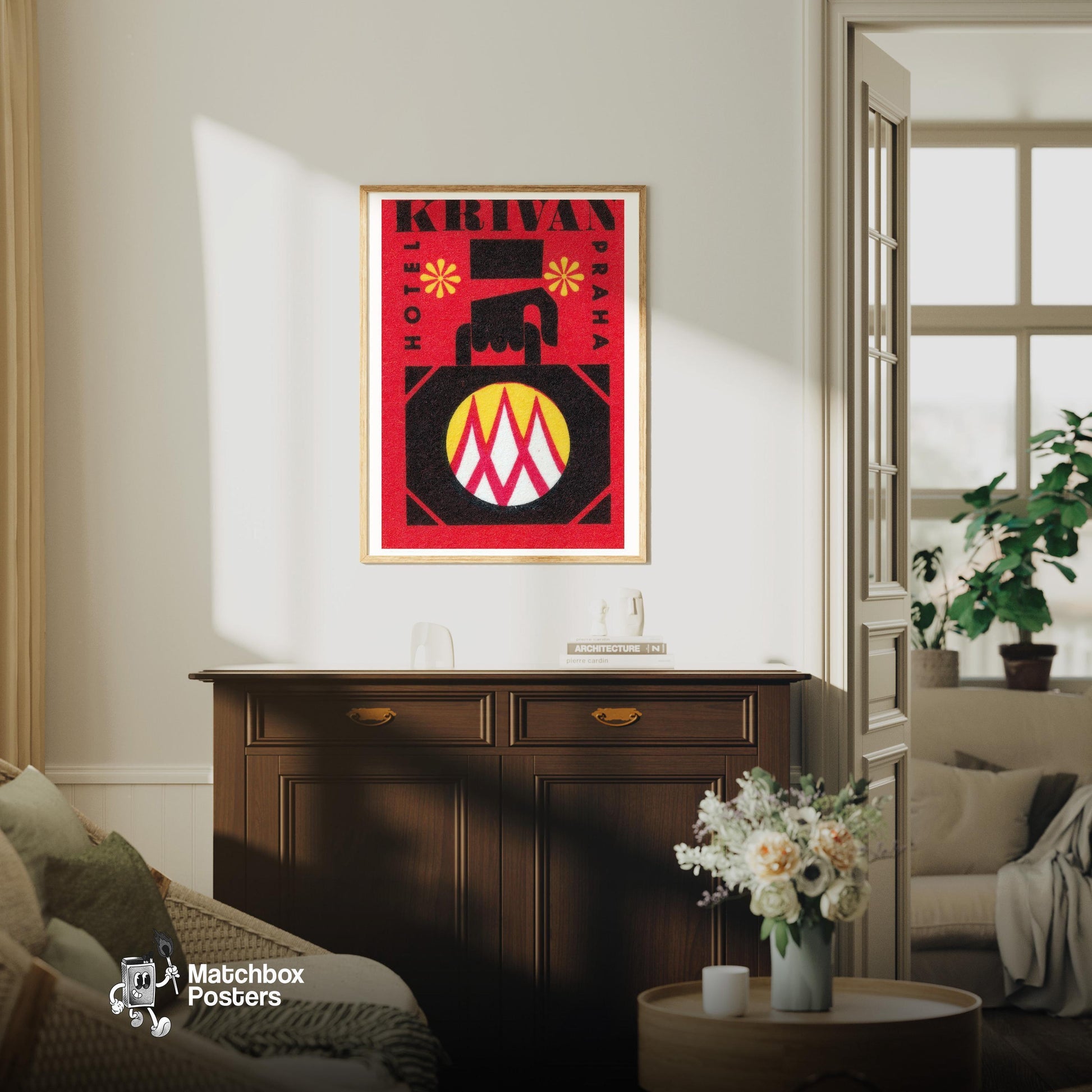 Krivan Hotel Prague - vintage matchbox label print - living room mockup