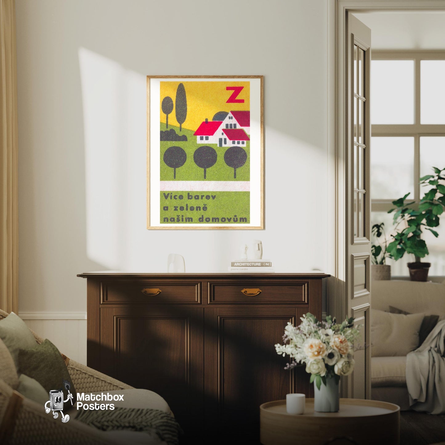 More Colors and Greenery for our Homes - vintage matchbox label print - living room mockup
