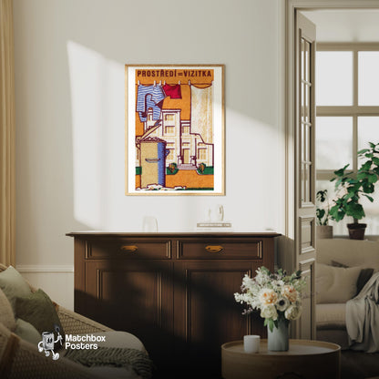 Hanging Laundry - vintage matchbox label print - living room mockup