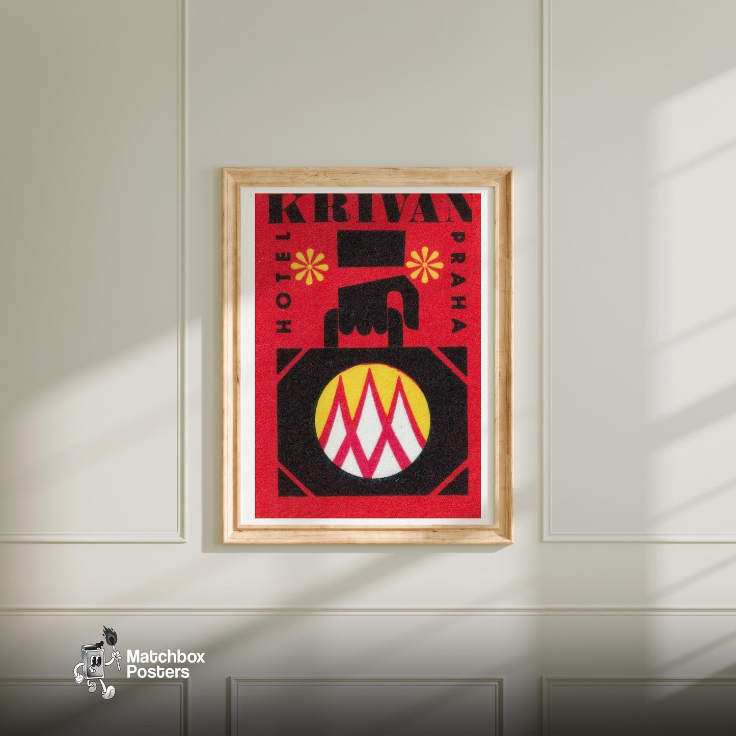 Krivan Hotel Prague - vintage matchbox label print - bedroom mockup