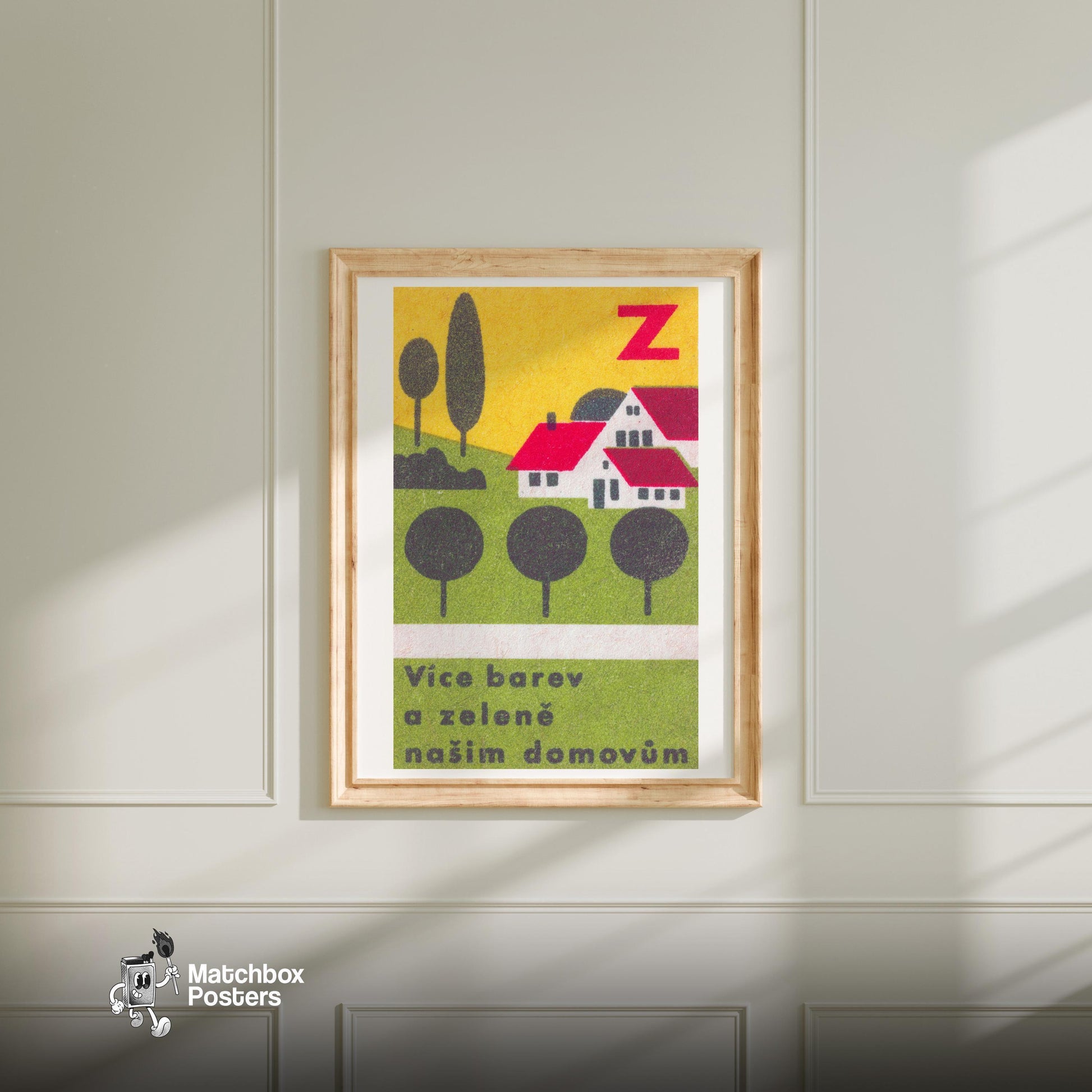 More Colors and Greenery for our Homes - vintage matchbox label print - bedroom mockup