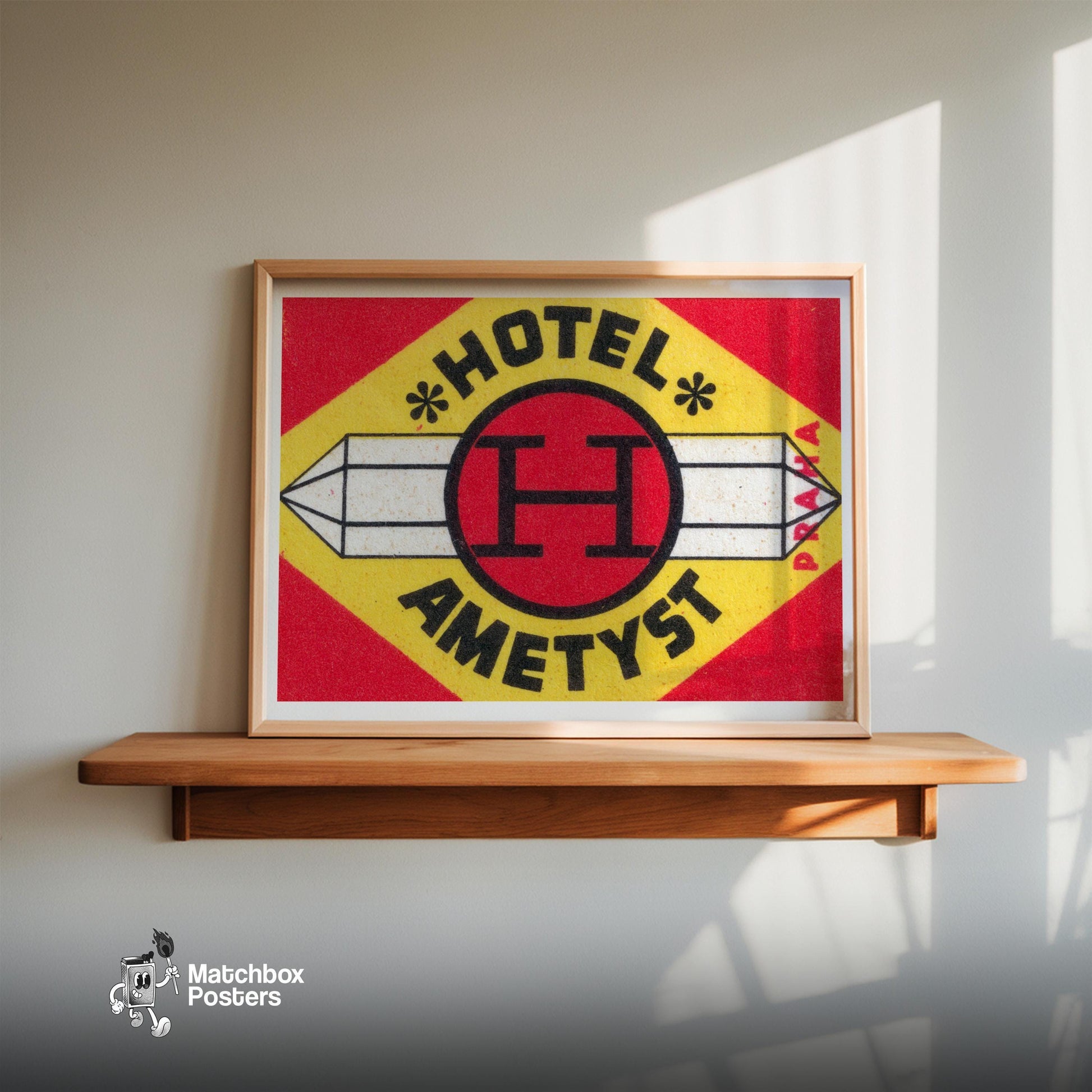 Amethyst Hotel - vintage matchbox label print - size comparison