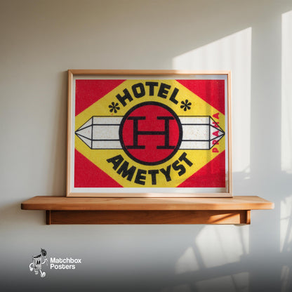 Amethyst Hotel - vintage matchbox label print - size comparison