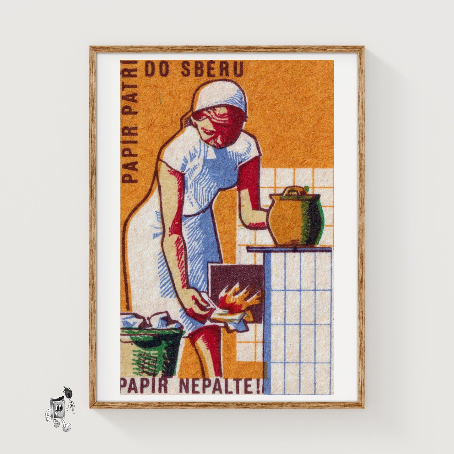 Woman Lighting Stove - vintage matchbox label print