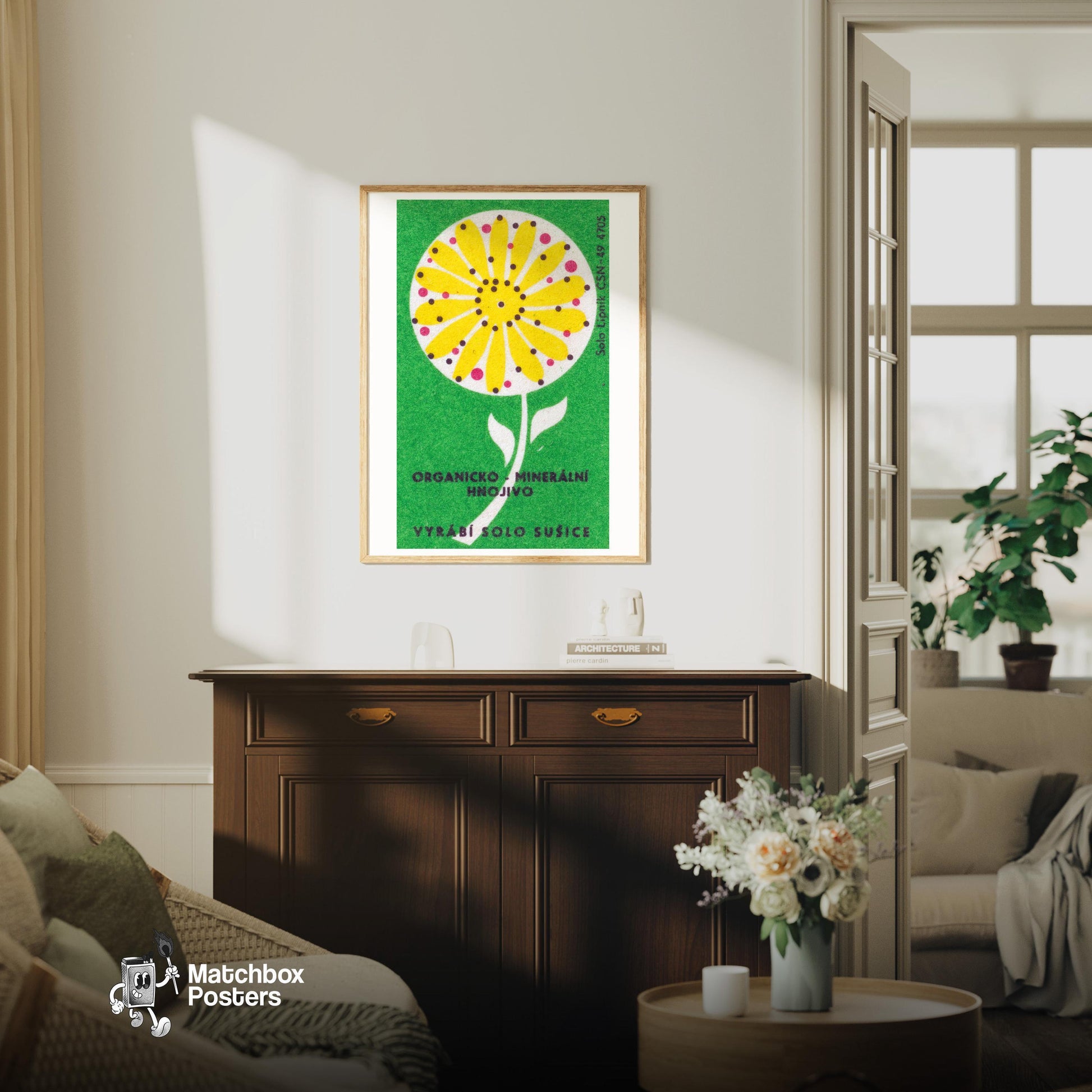 Stylized Yellow Flower - vintage matchbox label print - living room mockup