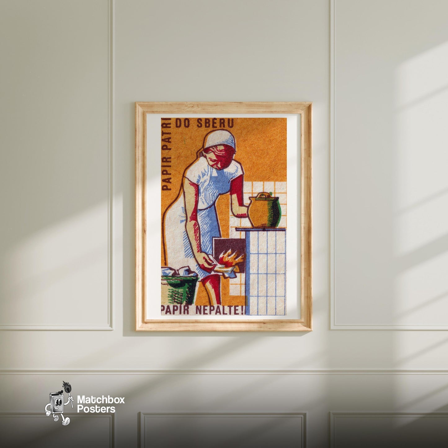 Woman Lighting Stove - vintage matchbox label print - bedroom mockup