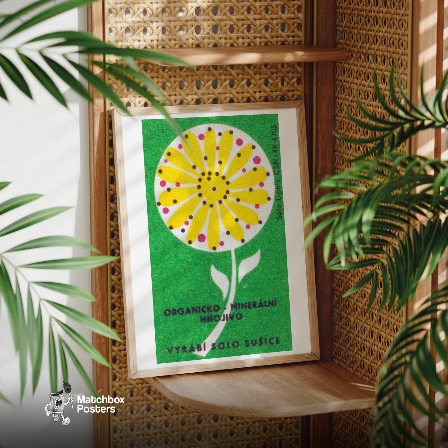 Stylized Yellow Flower - vintage matchbox label print - office wall