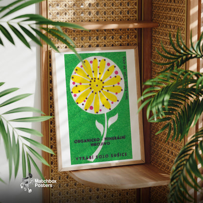 Stylized Yellow Flower - vintage matchbox label print - office wall