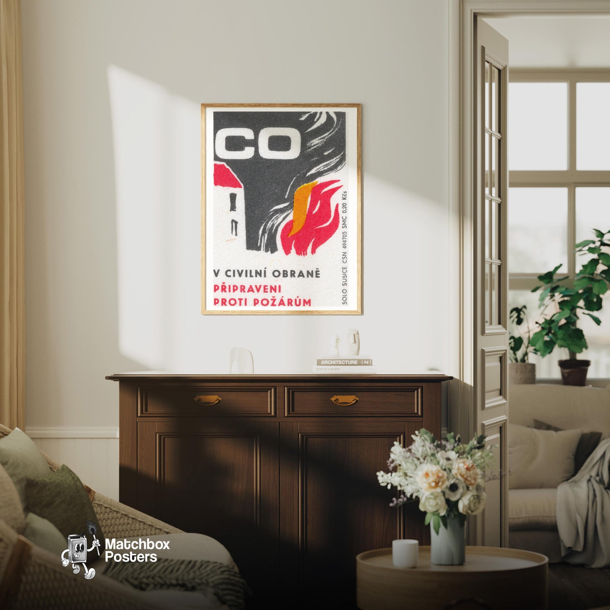 Prepare Against Fire - vintage matchbox label print - living room mockup