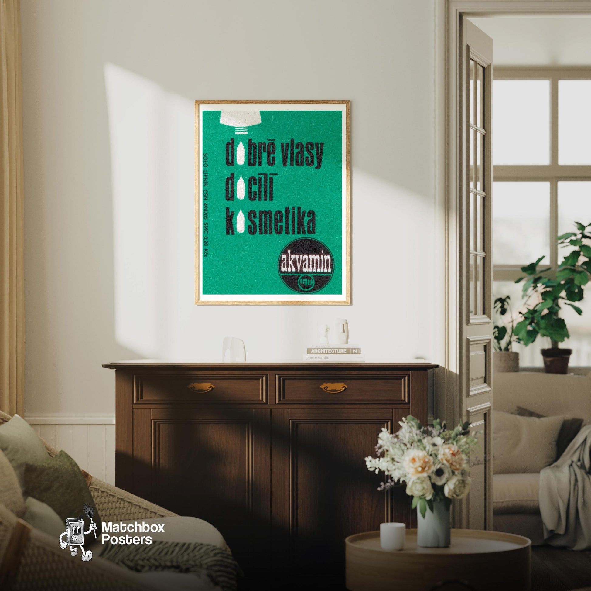 Healthy Hair Cosmetics - vintage matchbox label print - living room mockup