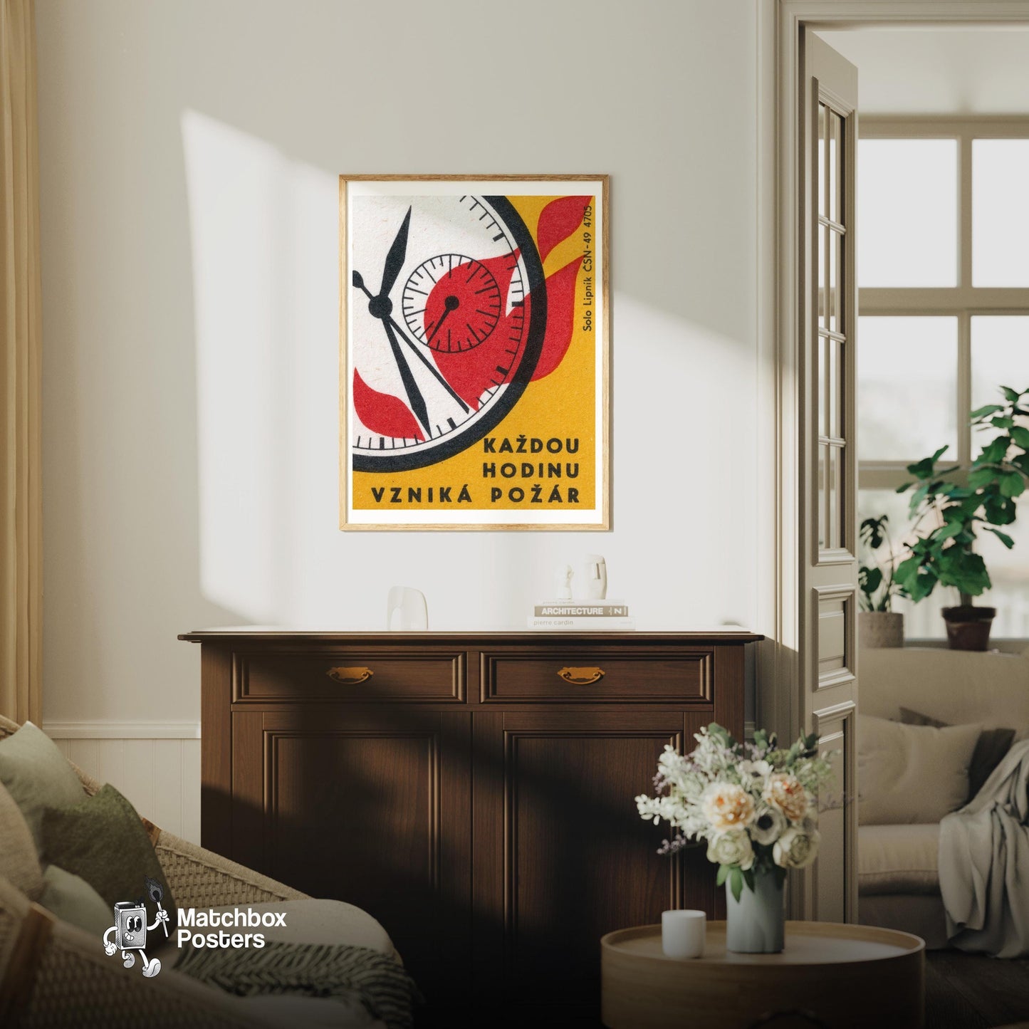 Every Hour, A Fire Starts - vintage matchbox label print - living room mockup