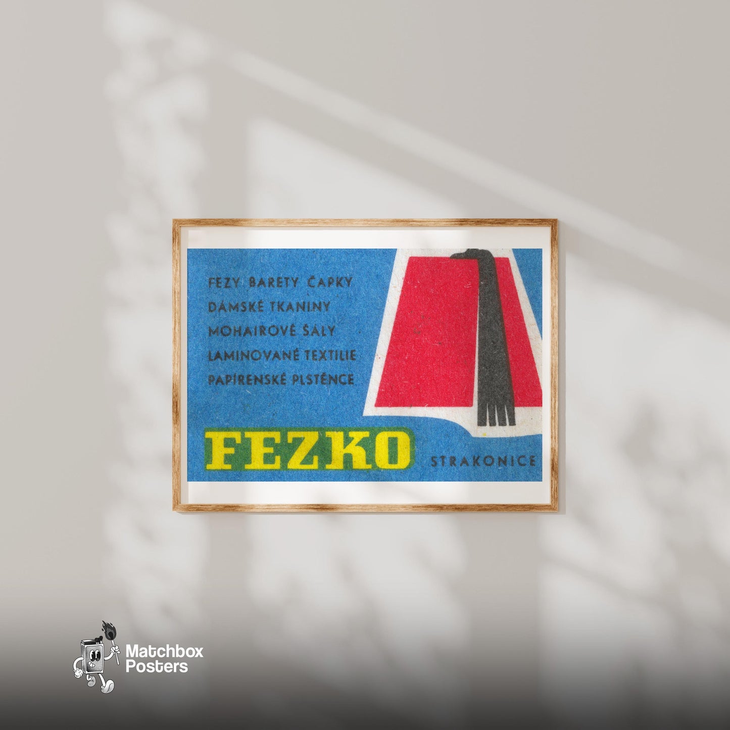 Illustration Of A Red Fez - vintage matchbox label print - bedroom mockup