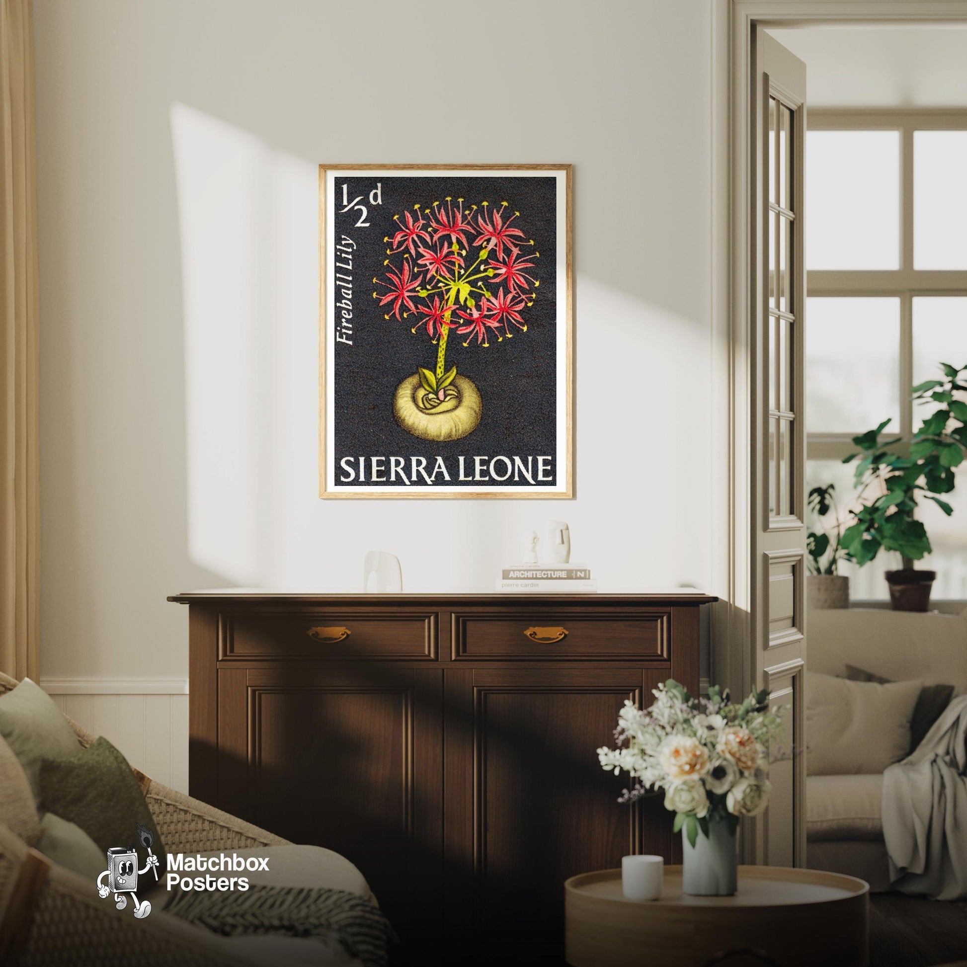 Red Flowers - vintage matchbox label print - living room mockup
