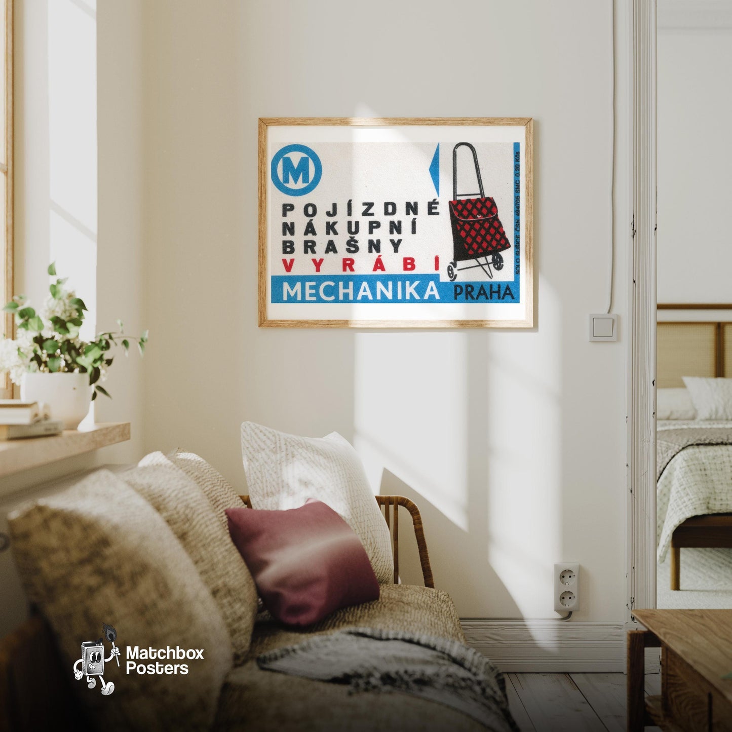 Mobile Shopping Bags - vintage matchbox label print - living room mockup