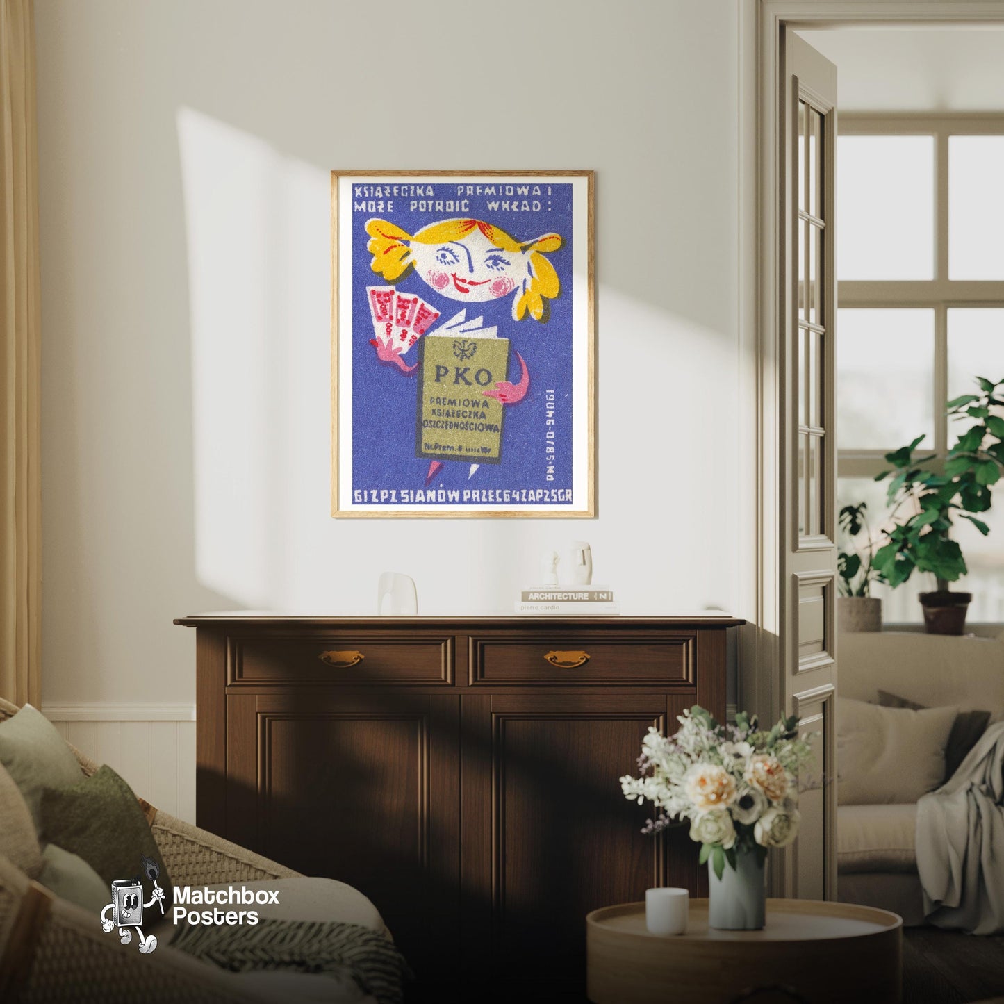 Cartoon Character Holding A Book - vintage matchbox label print - living room mockup