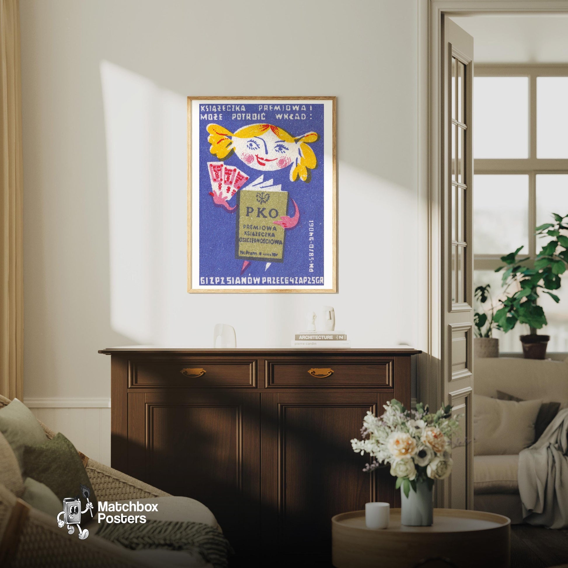 Cartoon Character Holding A Book - vintage matchbox label print - living room mockup