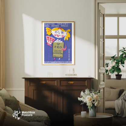 Cartoon Character Holding A Book - vintage matchbox label print - living room mockup