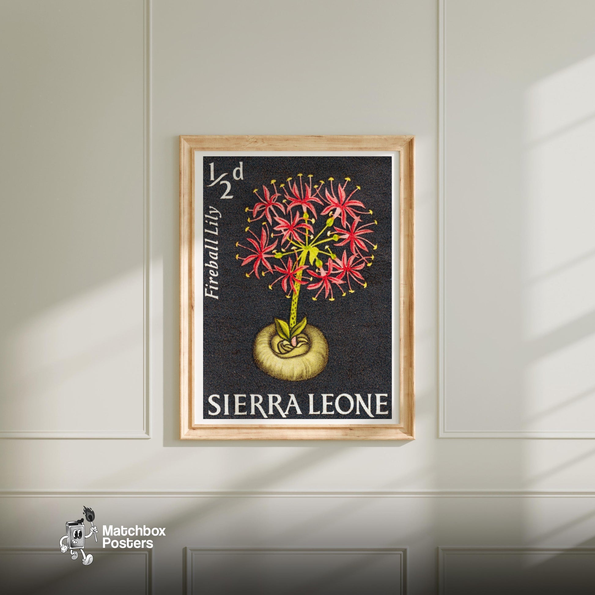 Red Flowers - vintage matchbox label print - bedroom mockup