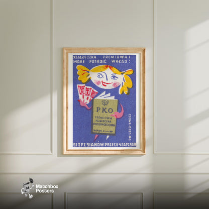 Cartoon Character Holding A Book - vintage matchbox label print - bedroom mockup