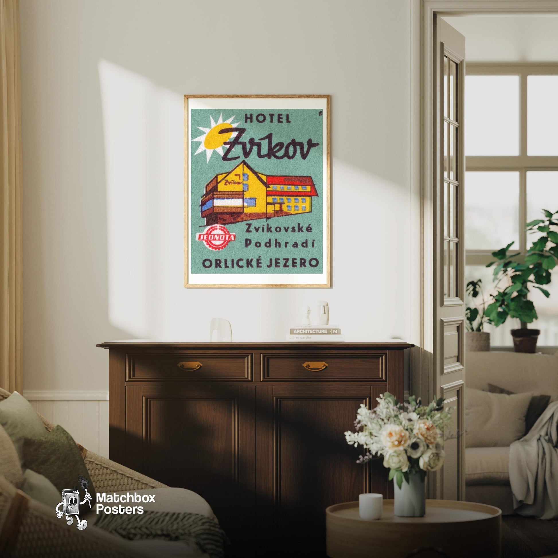 Hotel Zvikov - vintage matchbox label print - living room mockup