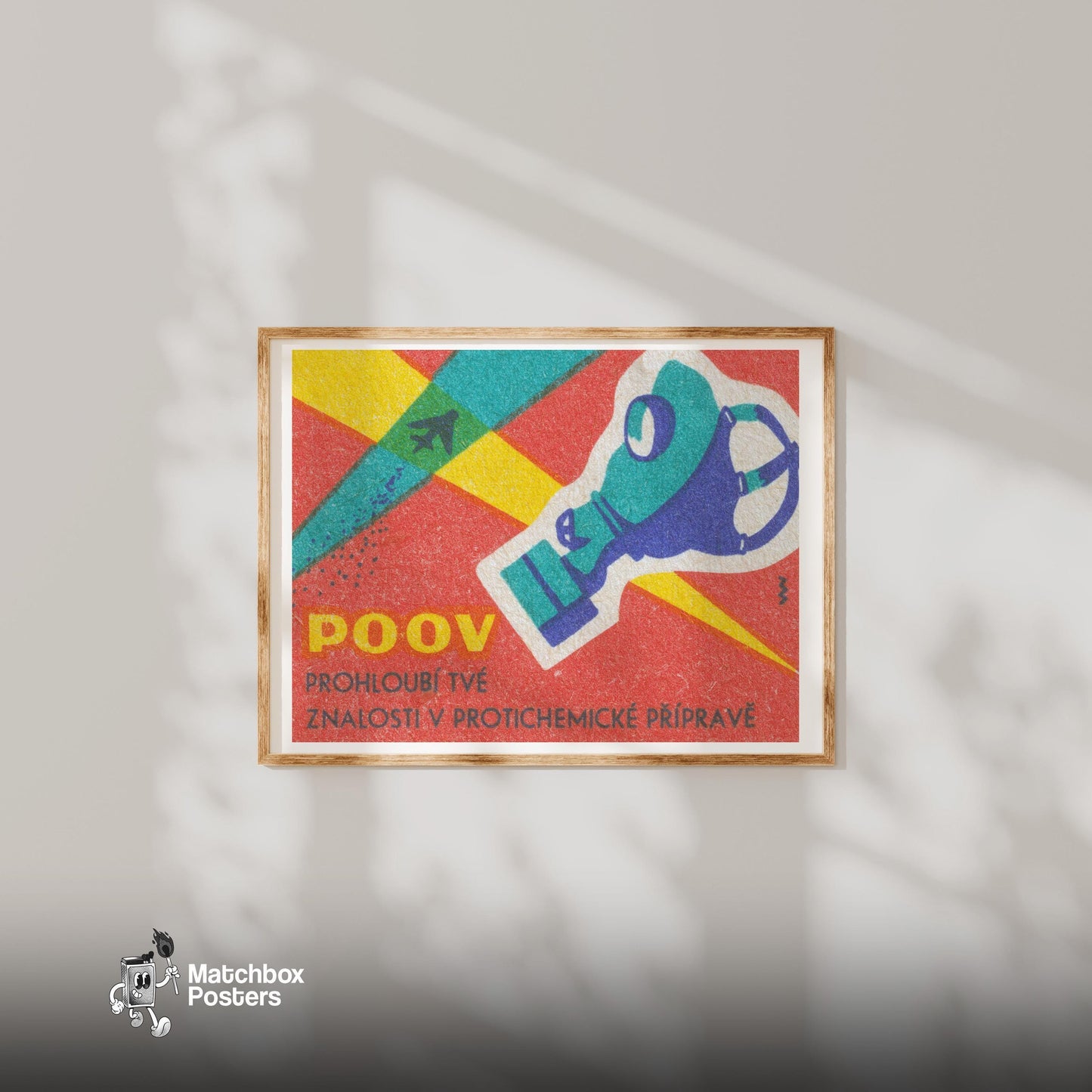 Gas Mask - vintage matchbox label print - bedroom mockup